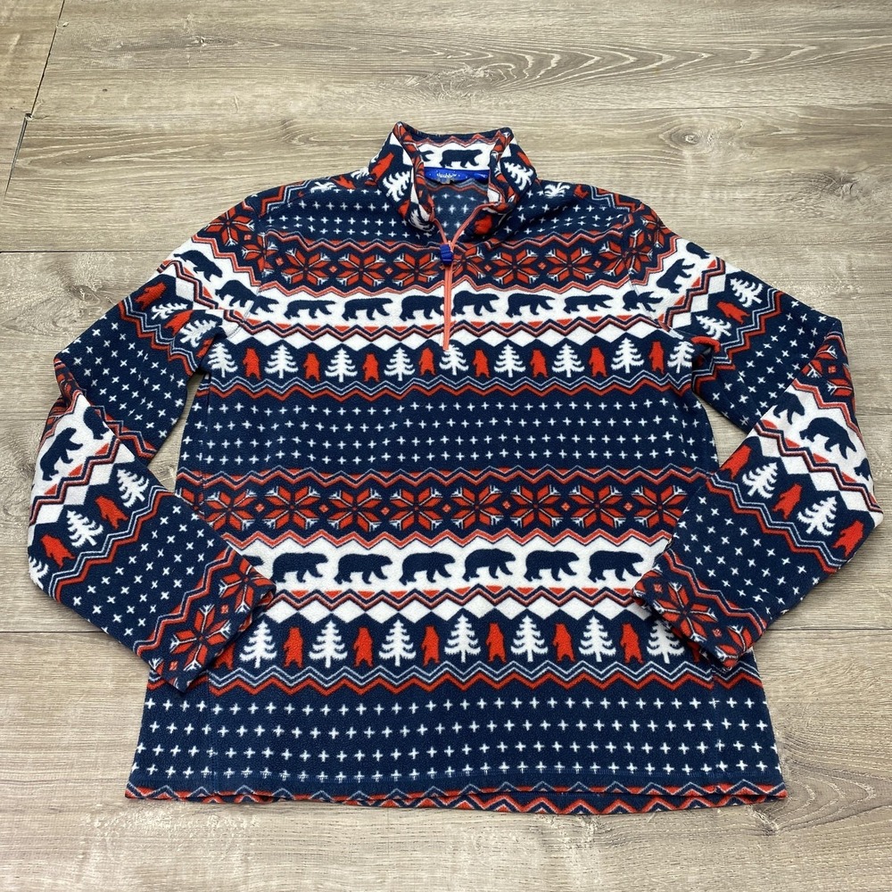 Chubbies Sweater Mens Large Blue Fleece 1/4 Zip Fair Isle Bears Pullover Holiday